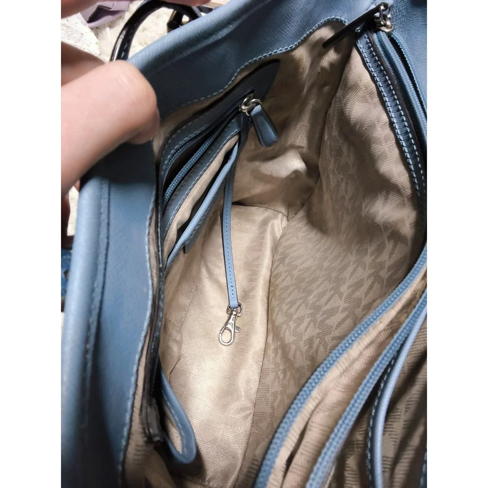 2.Michael Kors Saffiano Leather Two Tone Blue Tote Bag Silver Hardware Charm